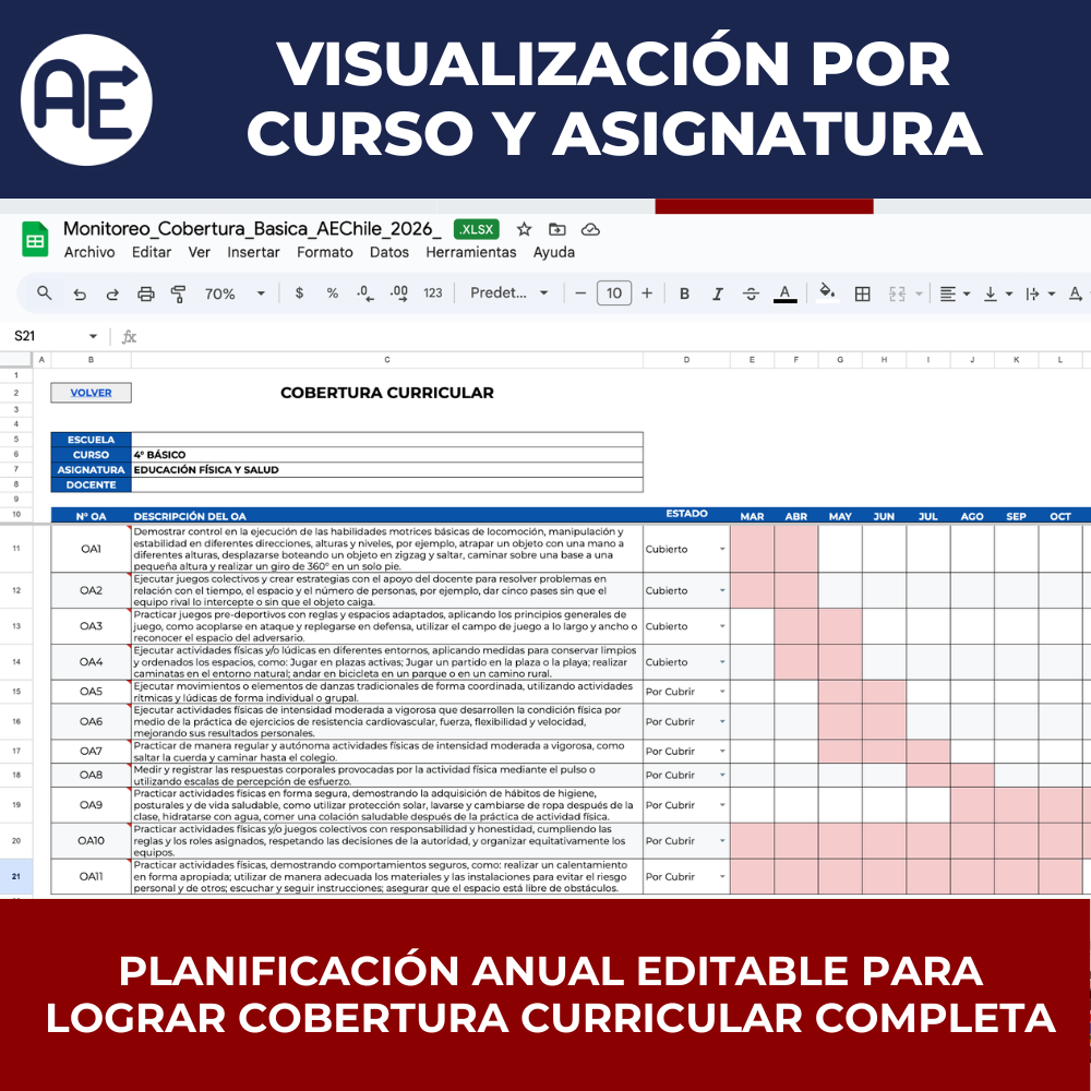 Monitoreo Cobertura Curricular 1° a 8° Básico - Plantilla Excel Editable (2026) - Imagen 4