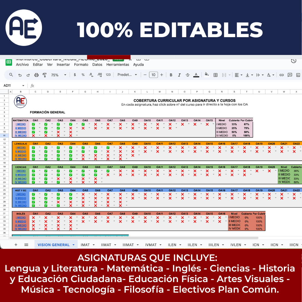 Monitoreo Cobertura Curricular I° a IV° Medio - Plantilla Excel Editable (2026) - Imagen 3